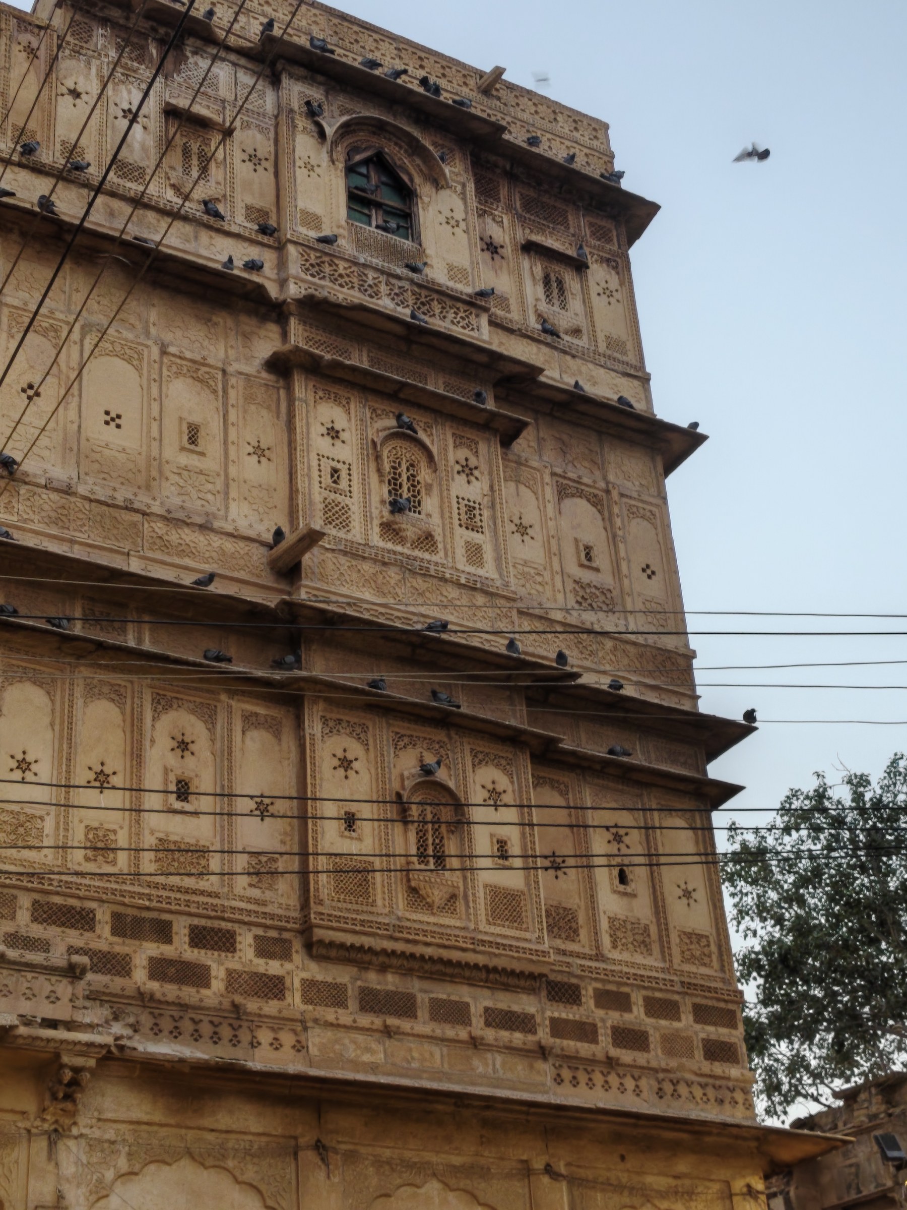Three-storey sandstone haveli wall displaying intricate geometric jali lattice and floral carvings