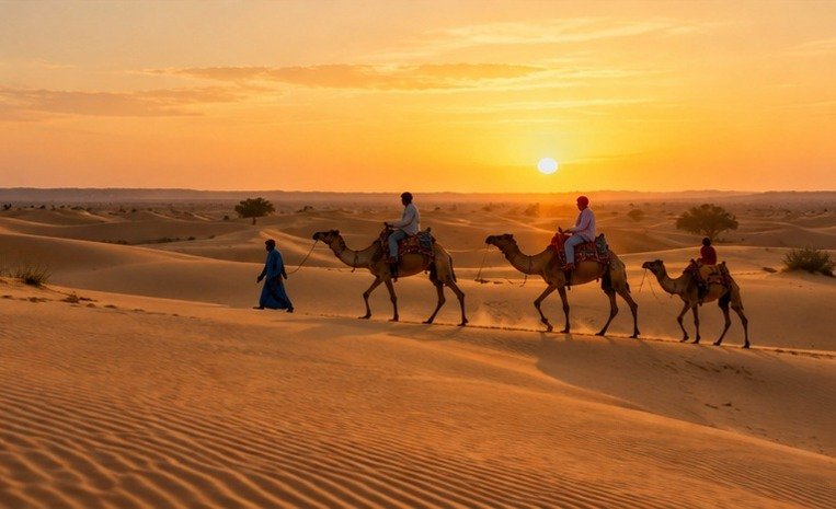Camel caravan traversing sand dunes in the Thar Desert (illustrative concept visual)