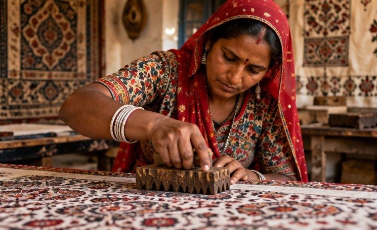 Artisan hand block printing intricate textile patterns (illustrative concept visual)